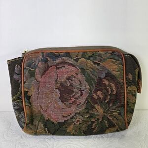 POLO Ralph Lauren Floral Tapestry Fabric Travel Bag Cosmetic Leather Trim